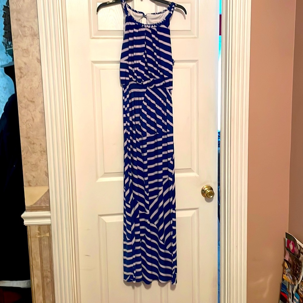 Chico’s Blue and White Geometric Maxi Dress, Size 1 (Medium)